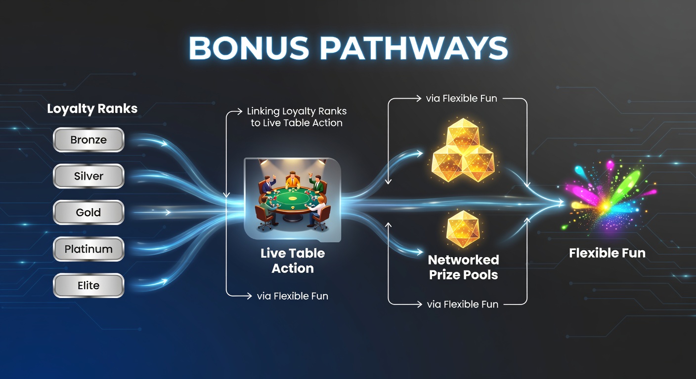 Diagram showing networked prize pools linked to loyalty bonuses and live table contributions through varied funding paths