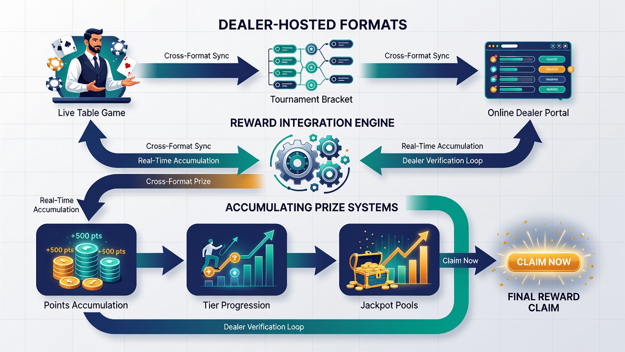 Flowchart of transaction pathways linking deposits to live dealer reward meters