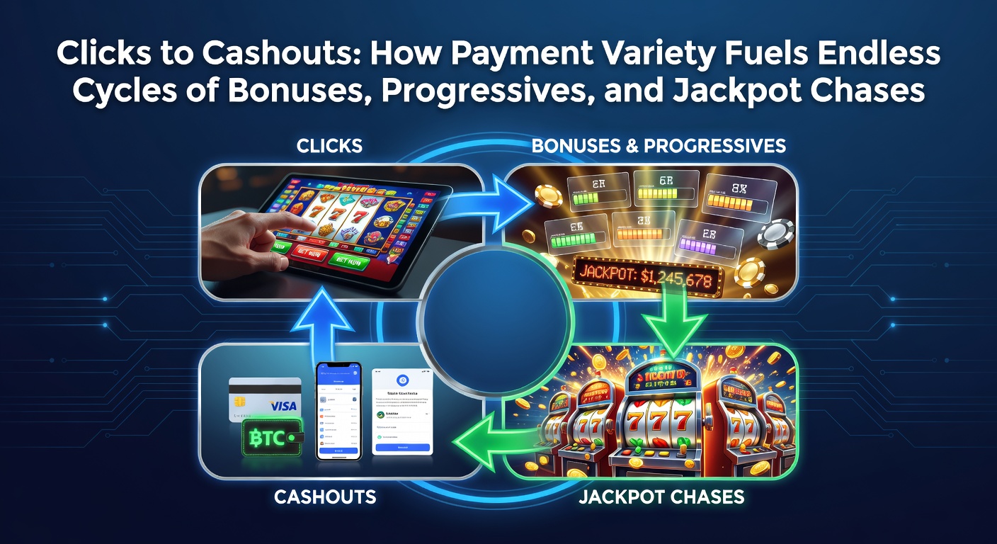 Vibrant digital illustration showing credit cards, e-wallets, and crypto icons flowing into slot machines bursting with bonuses, progressive meters climbing, and jackpot explosions