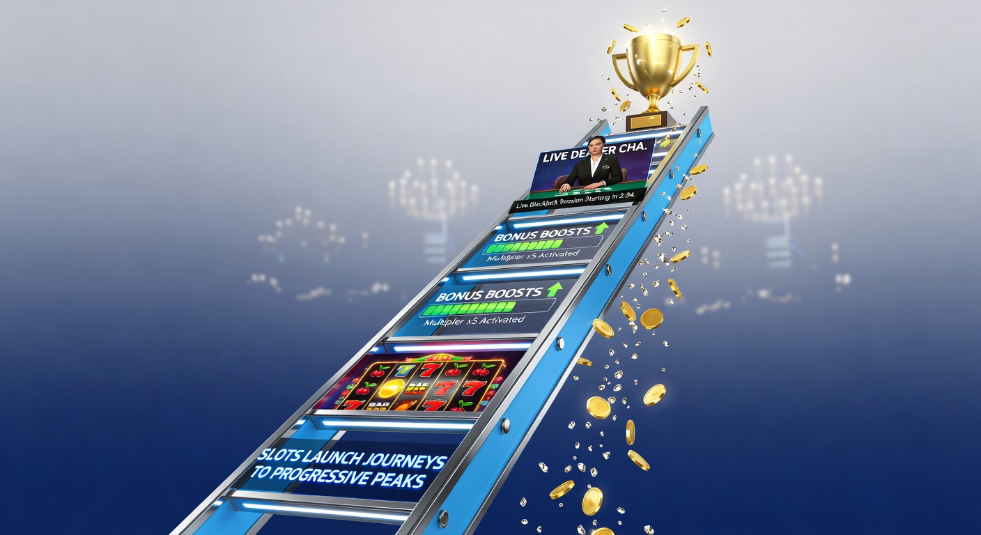 Dynamic split-screen showing live dealer blackjack, progressive slot jackpot ticking up, and mobile app dashboard with VIP invite popup