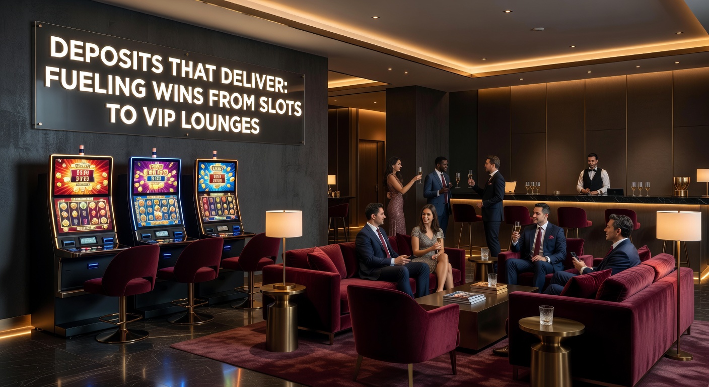 Vibrant online casino interface showing deposit options alongside slot reels and VIP invitation graphics