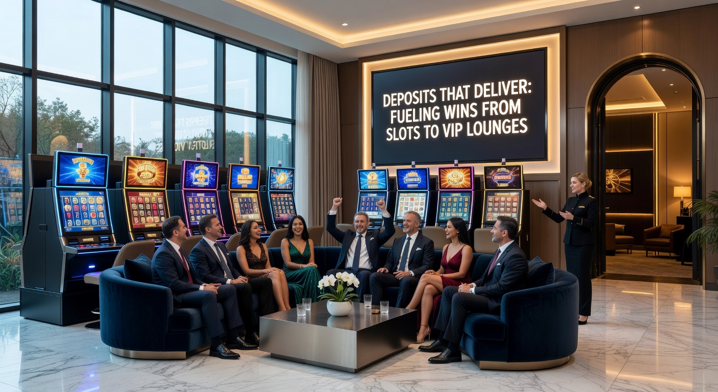 Close-up of a smartphone screen displaying instant deposit confirmation next to a VIP lounge access badge and jackpot counter