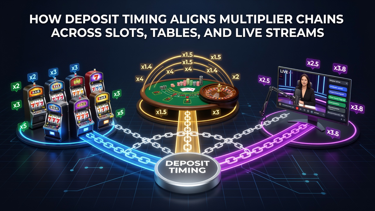 Diagram showing synchronized multiplier progression between online slots, card tables, and live video streams