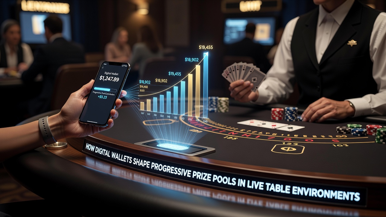 Digital wallet interface integrated with live table game displays showing progressive jackpot meters