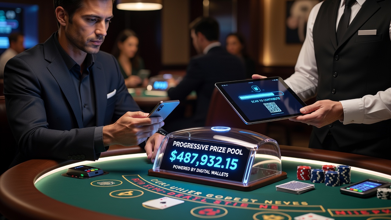 Live casino table with digital wallet payment prompts and jackpot progression graphics overlaid
