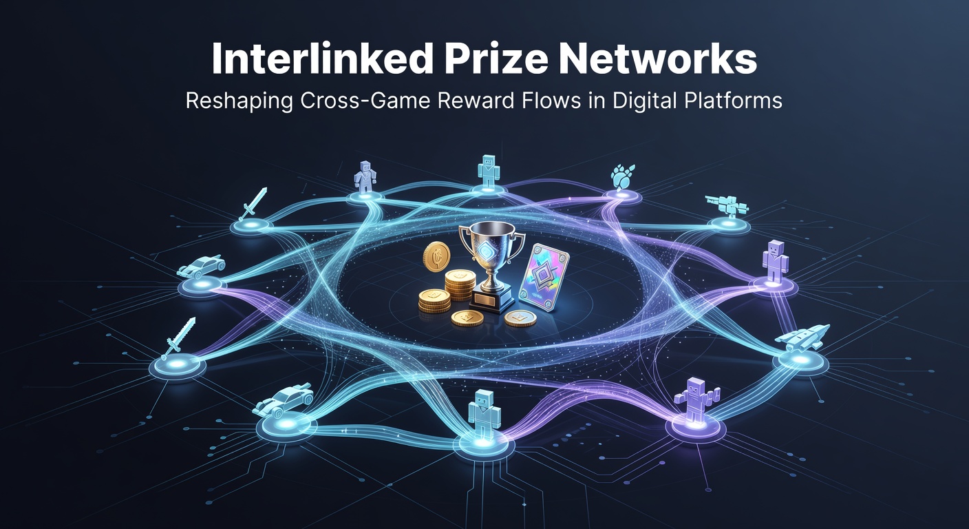 Digital illustration showing interconnected prize networks linking multiple gaming platforms with flowing reward streams and cross-game tokens