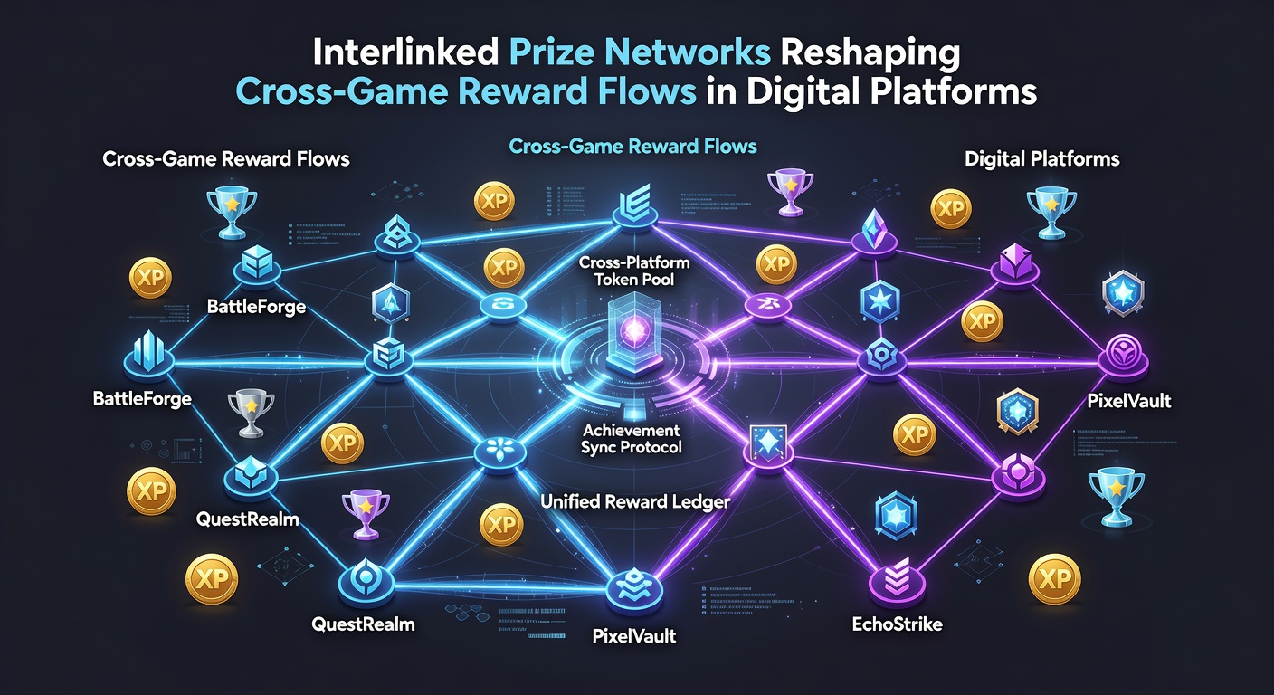Network diagram illustrating cross-game reward flows between mobile, console, and PC platforms with data exchange arrows and prize token icons