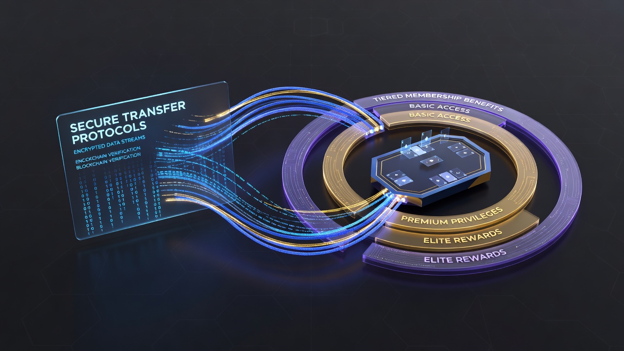 Secure transfer protocols illustrated across virtual gaming interfaces with tiered membership icons