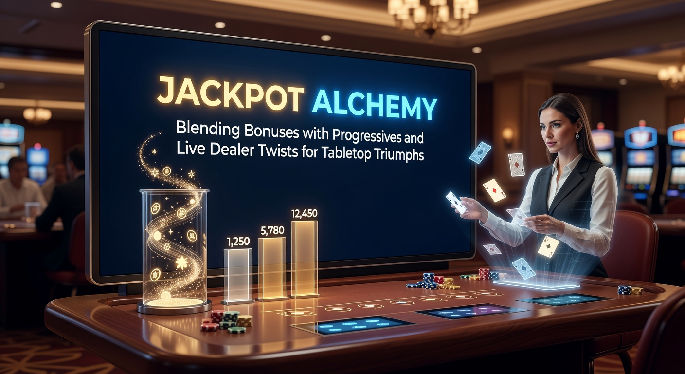 Dynamic illustration of progressive jackpots merging with live dealer table games, featuring glowing bonus symbols and spinning roulette wheels