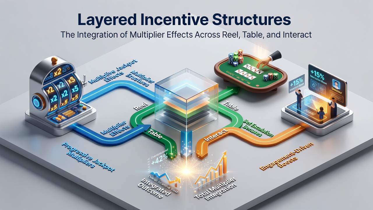 Mobile interface displaying integrated multipliers between slot reels, table games, and live dealer sessions