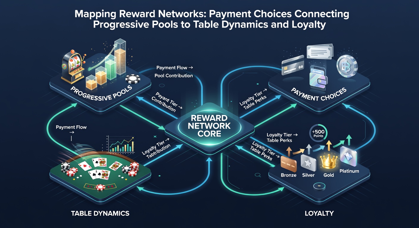 Illustration of loyalty program tiers connecting with table game play and progressive jackpot contributions via various payment methods