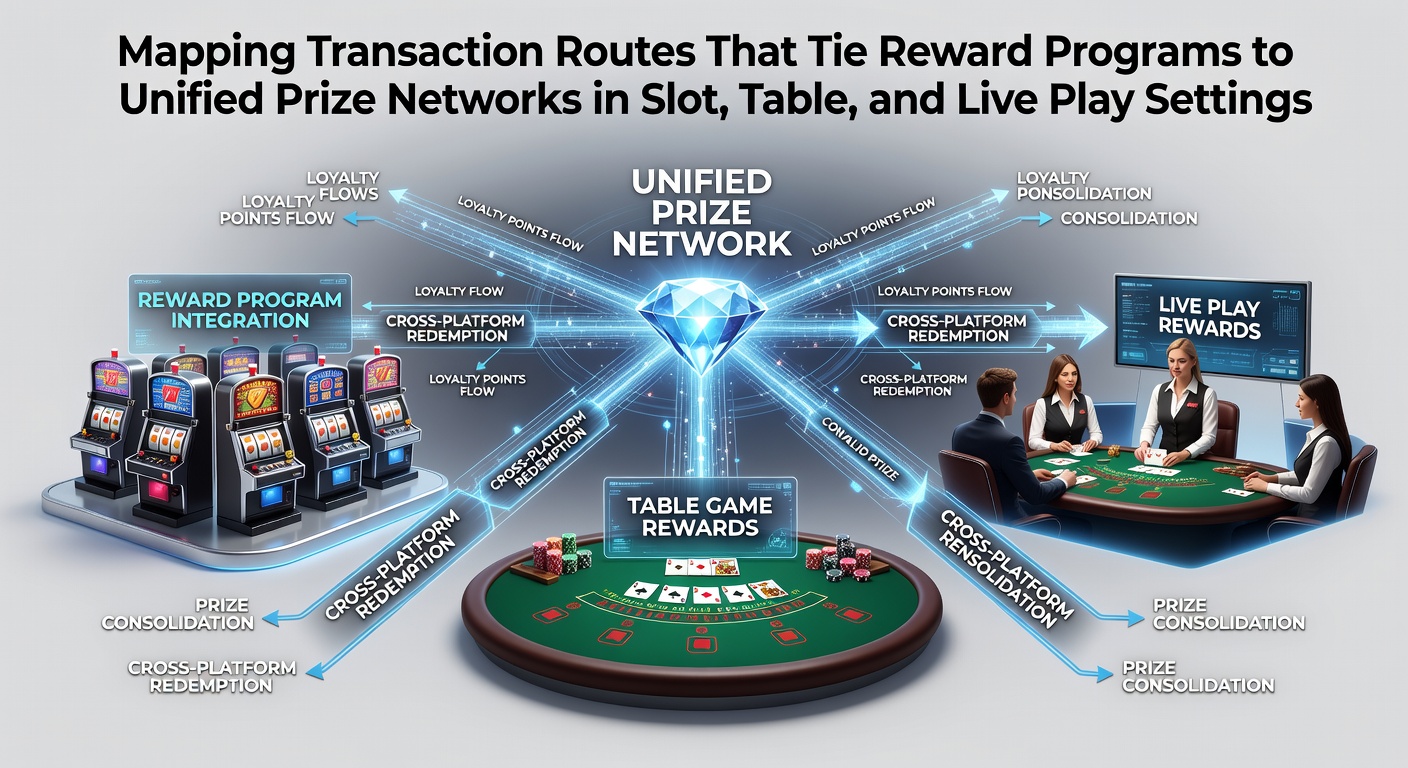 Diagram showing transaction flows between reward programs and unified prize networks in casino settings
