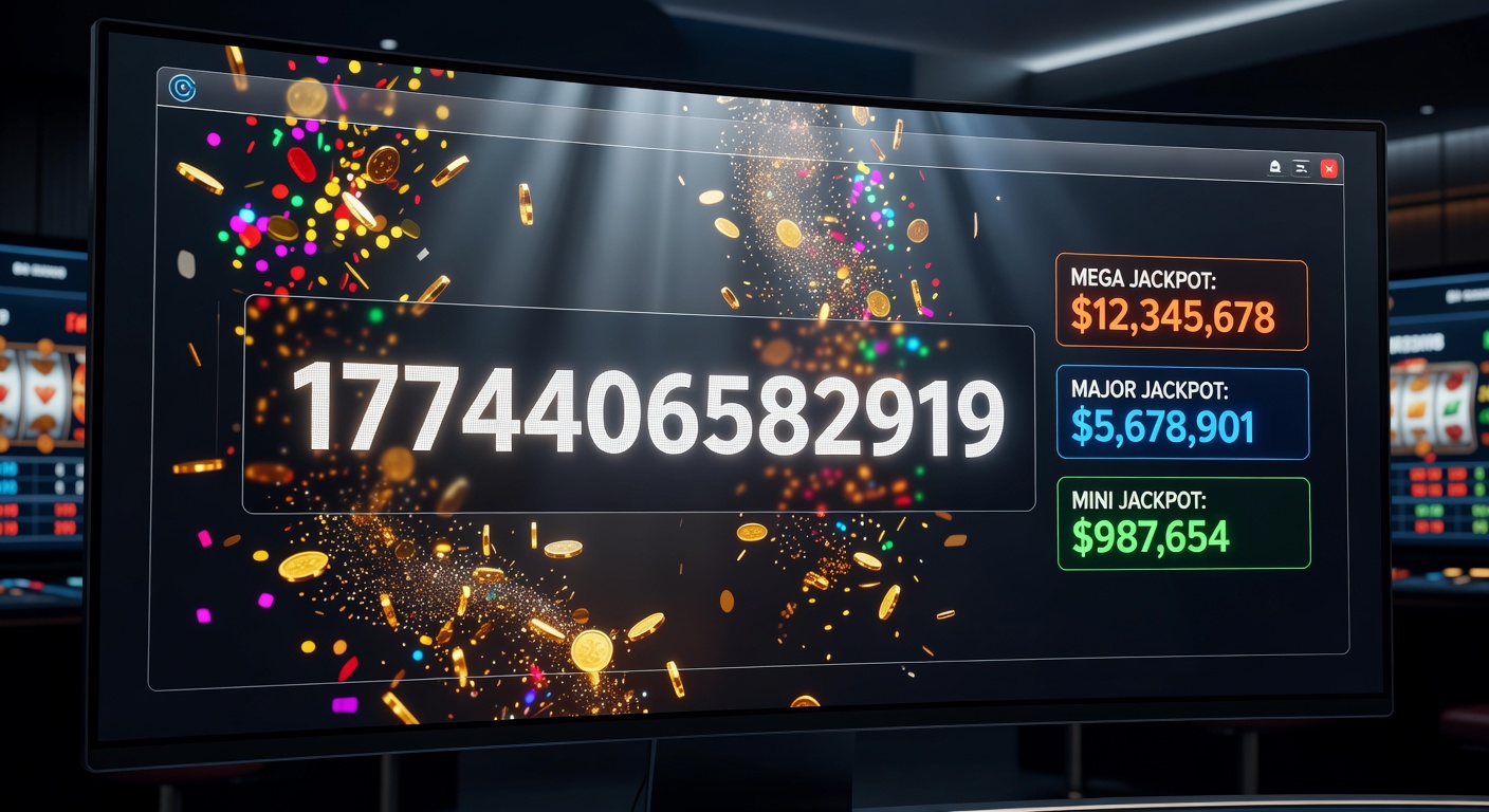 Player celebrating a jackpot win on a laptop screen, with confetti effects and a glowing prize notification amid a luxurious virtual casino backdrop