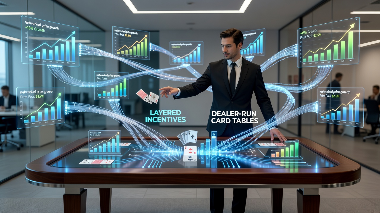 Networked prize growth displays alongside layered incentive structures in digital casino payment flows