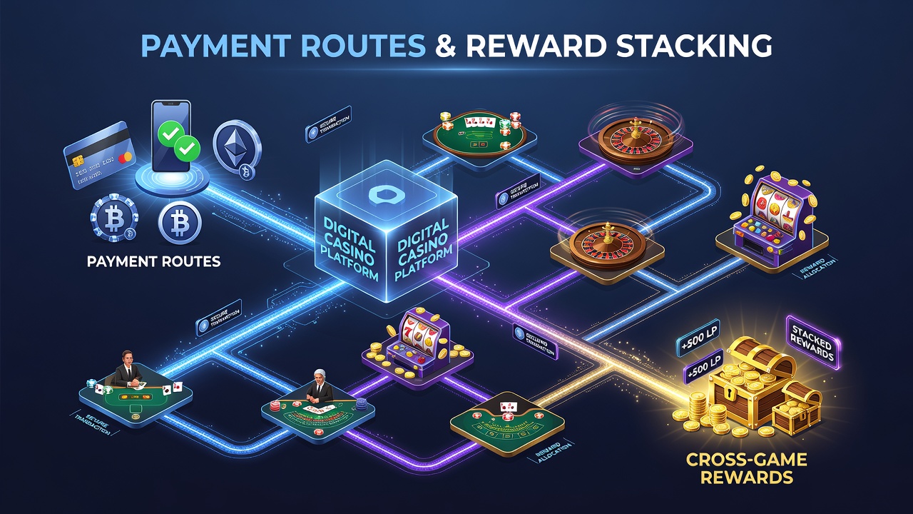 Flow diagram illustrating payment routes linking slots, tables, and live dealer rewards in a casino platform