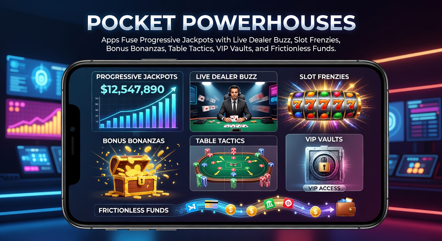Smartphone screen displaying a vibrant mobile casino app with progressive jackpot slots, live dealer blackjack table, and bonus wheel spinning in the background