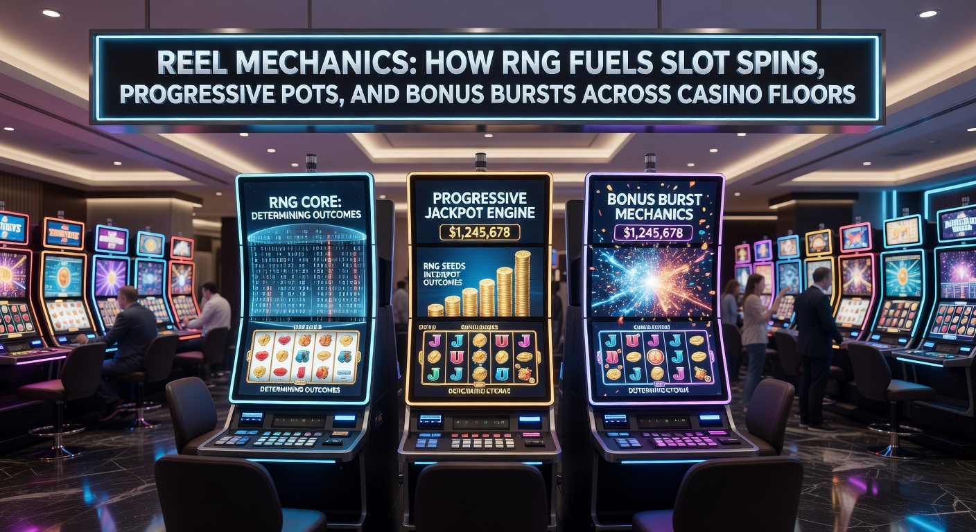 Close-up of colorful slot machine reels spinning with lights flashing, illustrating RNG-driven action on a bustling casino floor