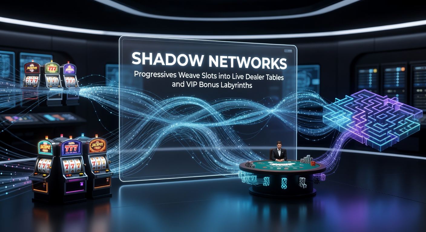 Digital illustration of interconnected casino game networks with glowing progressive jackpot threads linking slots, live dealer tables, and VIP reward structures