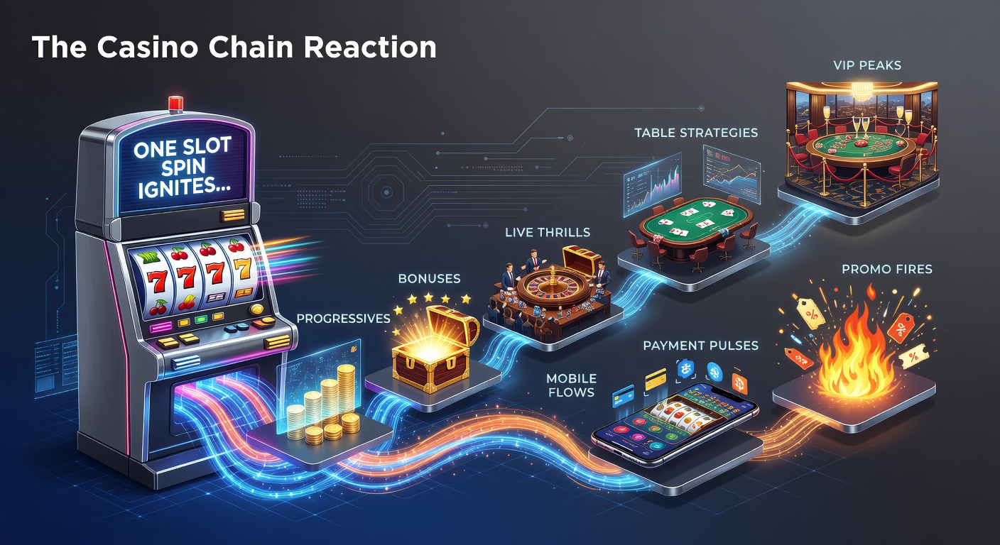 Vibrant slot machine display showing cascading symbols and jackpot counters building in a digital casino interface, capturing the moment a spin ignites chain reactions across games and features