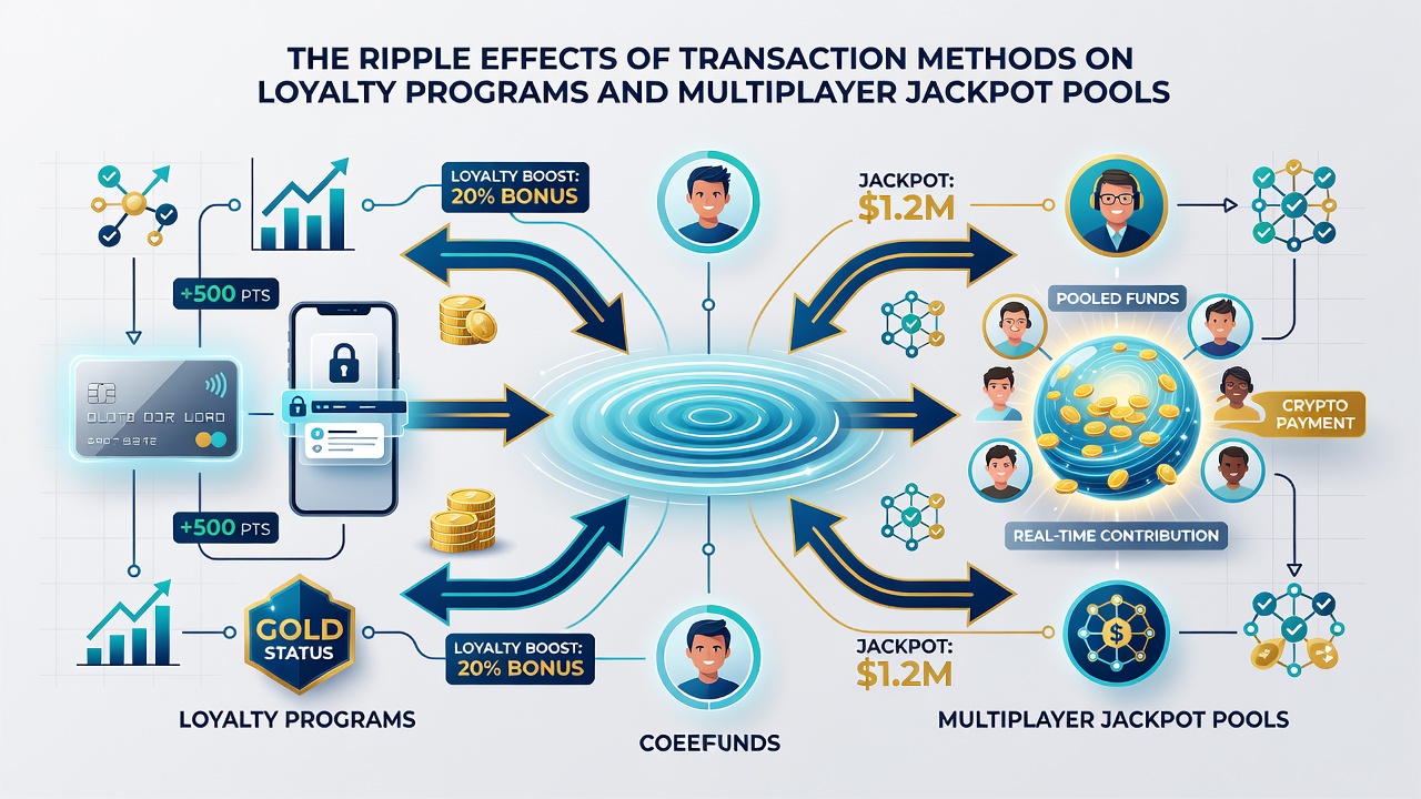 Diagram depicting interconnected loyalty tiers feeding into expanding multiplayer jackpot pools with payment method icons at entry points