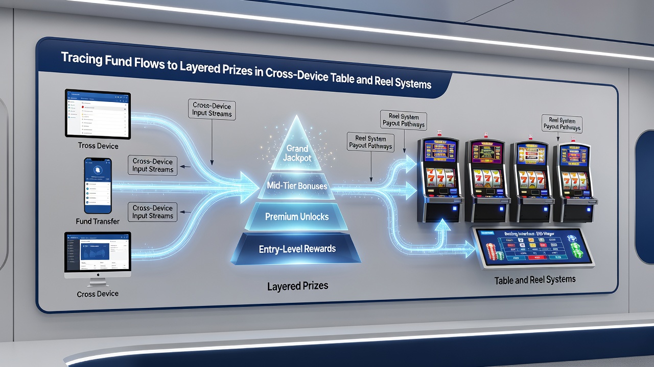 Flowchart illustrating layered prize allocation across slot reels and live table games on multiple devices