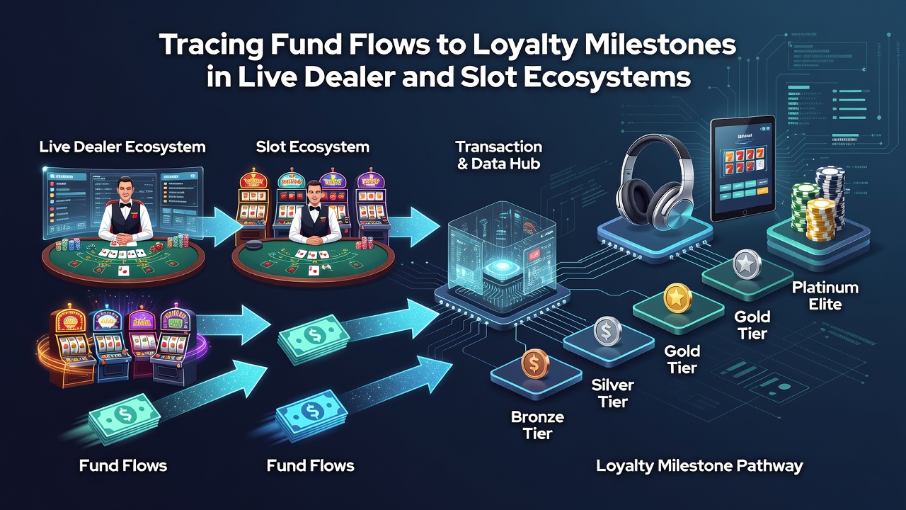 Flowchart depicting loyalty milestone progression from slot spins and live dealer bets to VIP tier unlocks